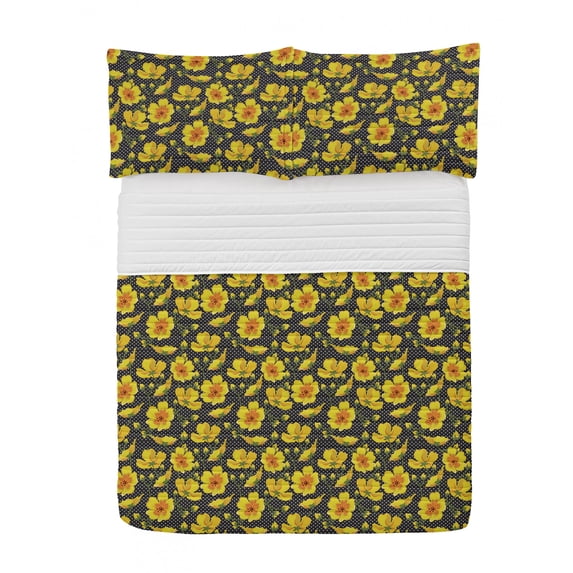 Floral Microfiber Bedspread Set, Colorful Poppies Breath of Botanic Polka Dotted Monochrome Background Art, Soft Bedding Set with Pillow Shams & Comforter, 3 Sizes, Black White Yellow, by Ambesonne