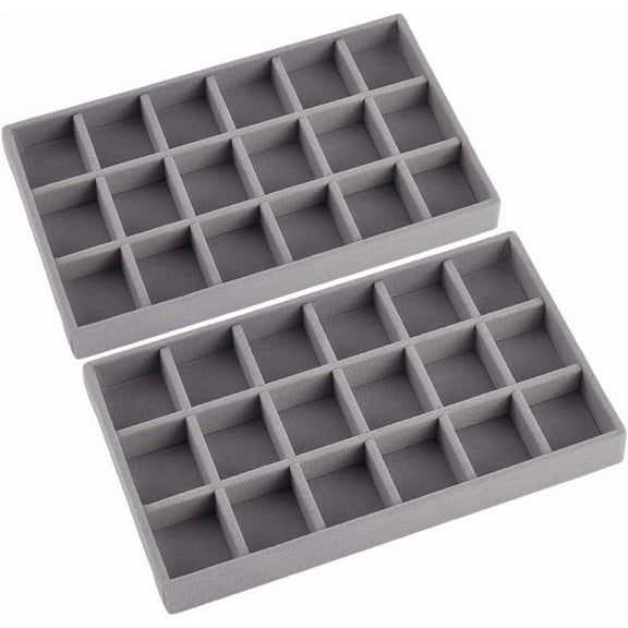 2Pcs 5 x 8.3 Inch 18 Grid Jewelry Tray Drawer Insert Velvet Earring Organizer Display Case Storage with Removable Divider Container Box for Rings Watch Necklace Trinket Holder Showcase Gray
