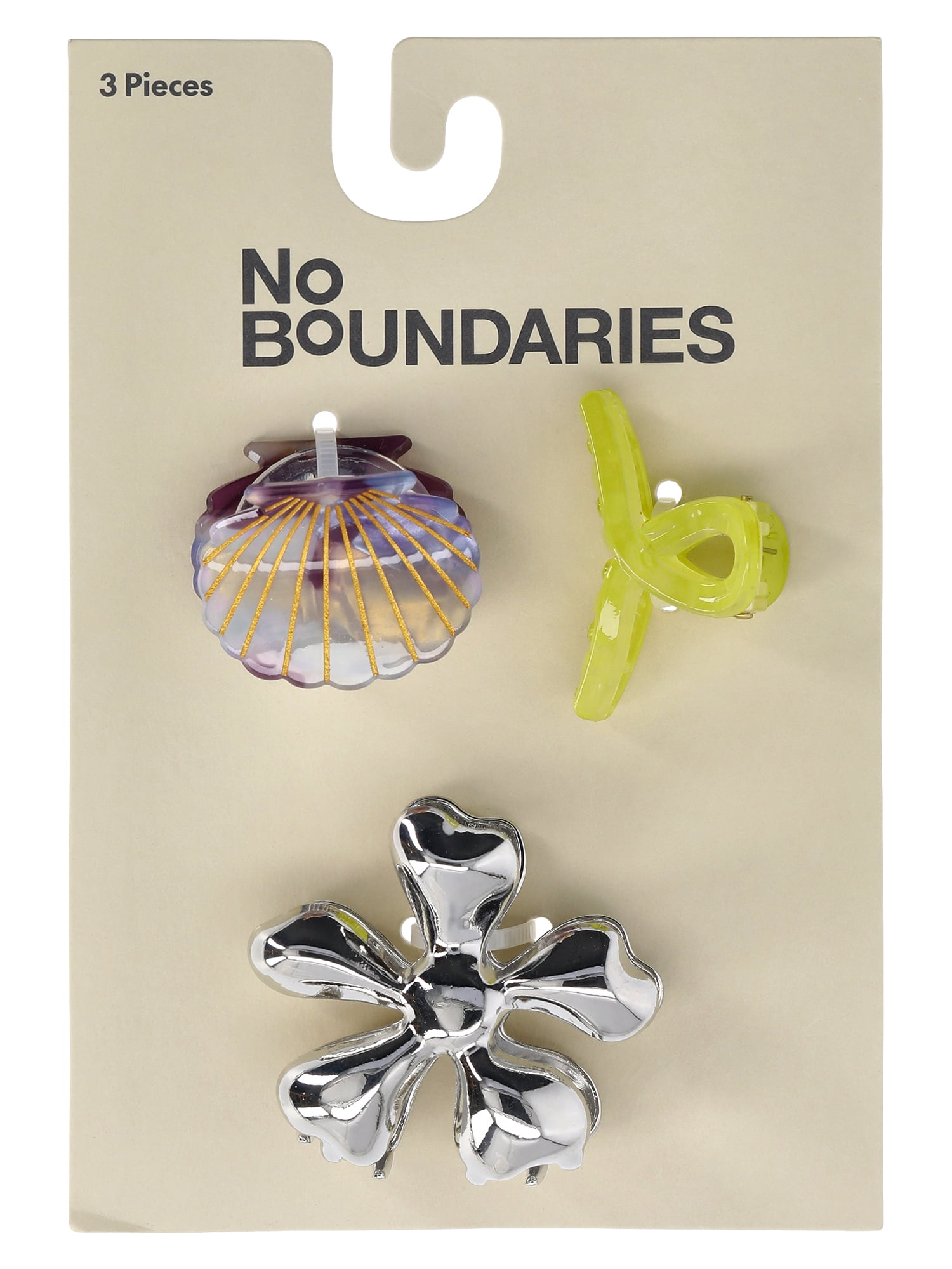 No Boundaries Mixed Claw Clips,3-Piece Set, Lime/Silver/Mint