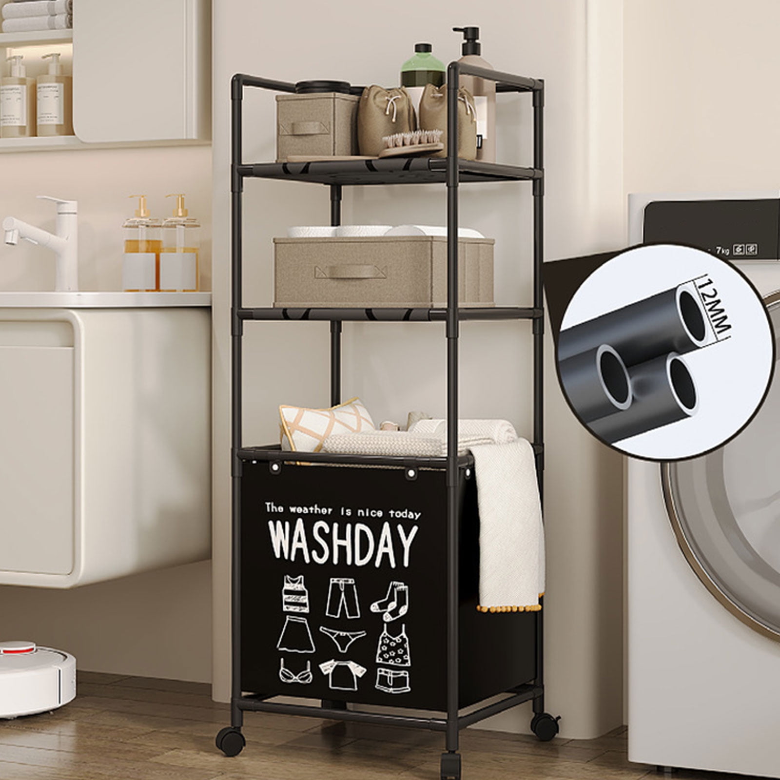 Expandable Laundry Hamper with Rolling Wheels Foldable Metal Frame Multiple Layer Storage Basket for Bedroom