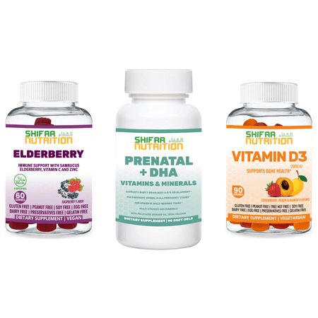 SHIFAA NUTRITION Halal Vitamins | Mother's Bundle Pack 01 | Contains 1 Bottle Of Each - Halal Prenatal Vitamins, Halal Vitamin D3 Gummies 2000 IU, Halal Elderberry Gummies
