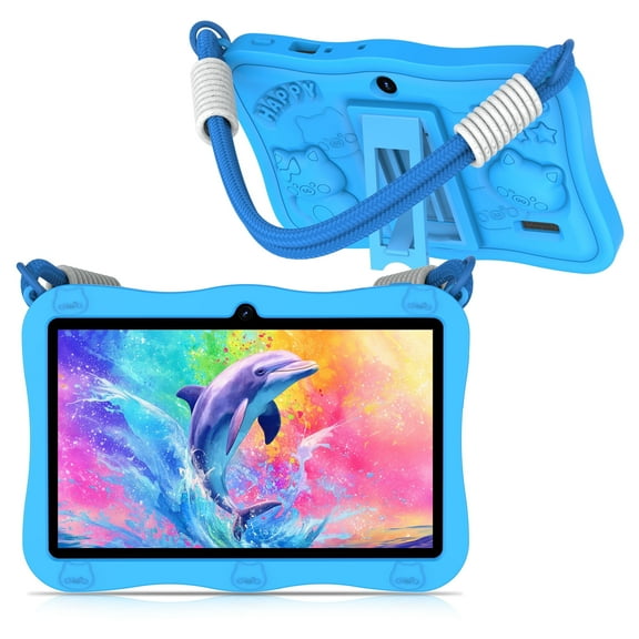 QunyiCo Kids Tablet 7 inch,Android 13 Tablet for Kids 3-7,4GB RAM 32GB ROM,1024 * 600 IPS Touch Screen,Parental Control,Tablet with Protective Case,Blue
