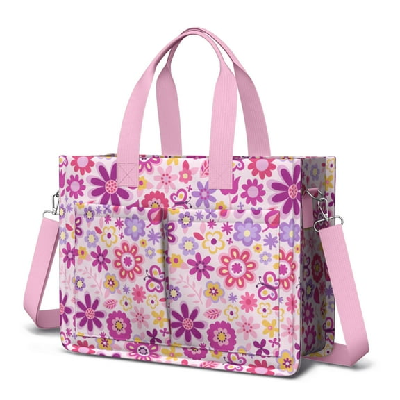 Floral Canvas Tote Bag for Women with Compartments, Large Cute Flower Teacher Student Shoulder Bag Nurse Purses Crossbody Bags Work Laptop Book Bag Satchels Handbags