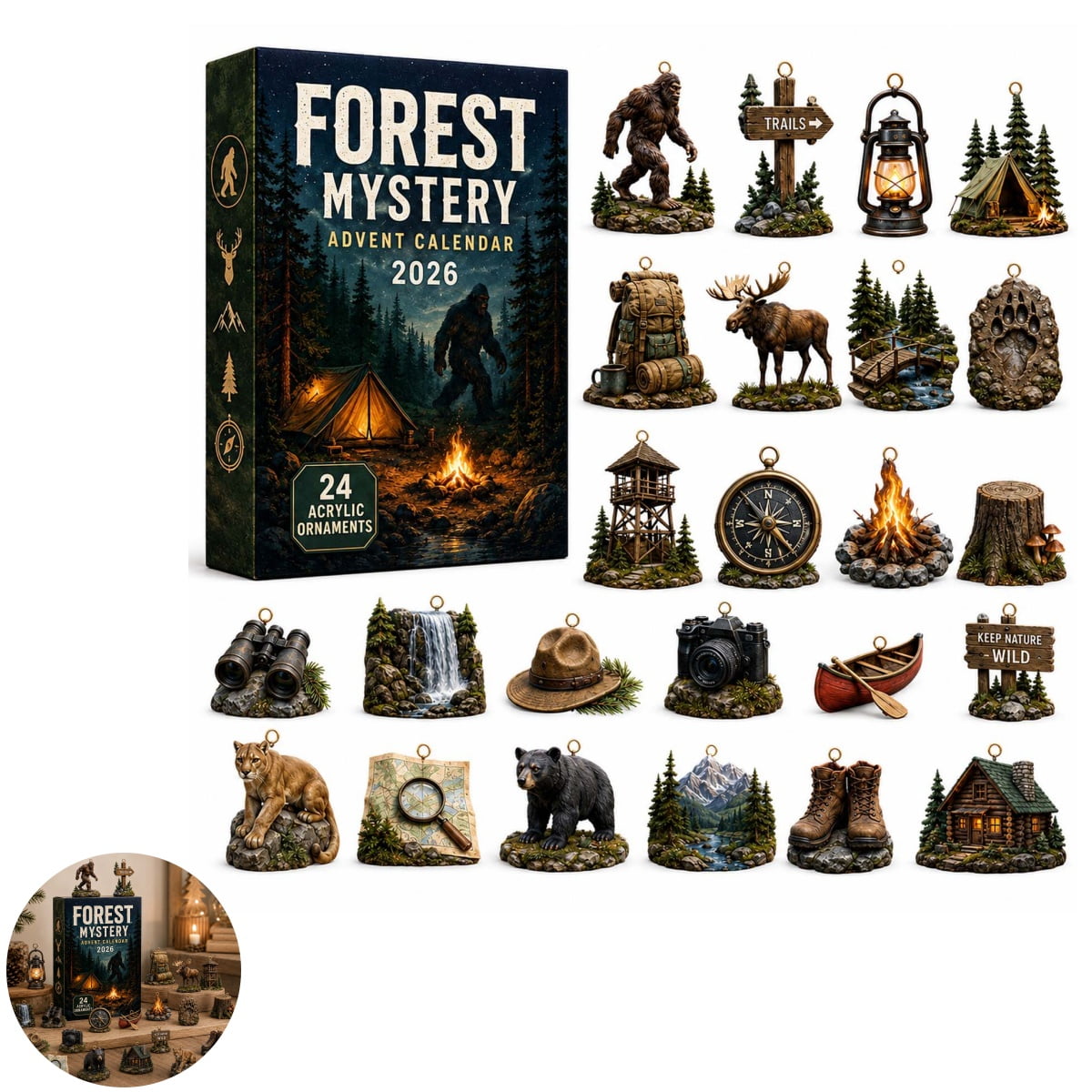 Forest Mystery Advent Calendar 24Pcs 2D Acrylic Wilderness Camping Ornaments Countdown Calendar Blind Box Christmas Tree Pendant Gift for Outdoor Lovers Holiday Home Decor