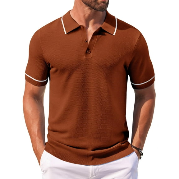 COOFANDY Men Knitting Polo Shirts Crochet Short Sleeve Polo Sweater Waffle Textured Collared Summer Shirts