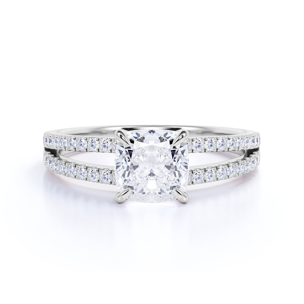 JeenMata 1.75 Carat Cushion Cut Moissanite Engagement Ring - Bridal Set - Cluster Ring - Split Shank Ring - 18k White Gold Over Silver