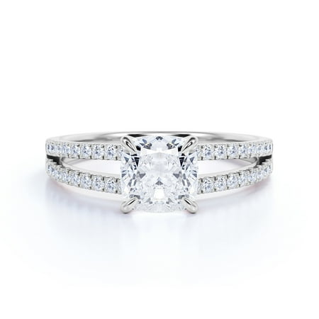 JeenMata 1.75 Carat Cushion Cut Moissanite Engagement Ring - Bridal Set - Cluster Ring - Split Shank Ring - 18k White Gold Over Silver