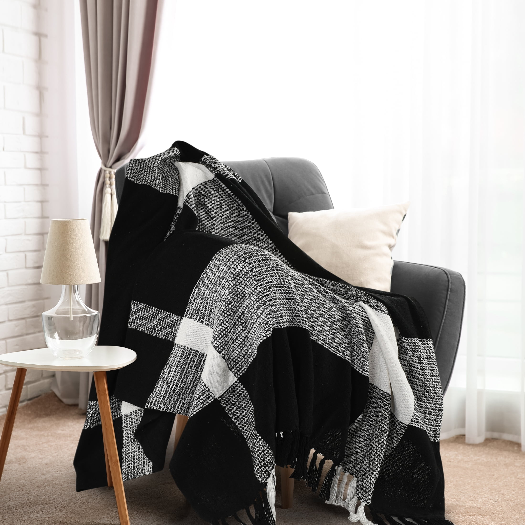 Ox Bay Black/White Tartan Plaid Cotton Throw Blanket, 50" x 60"