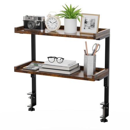 2-Tier Desktop Organizer - 16 Metal/Wood Side Table Rustic Brown - Space-Saving Storage for Office Supplies Pens Notebooks - Easy Assembly Versatile for Various Rooms