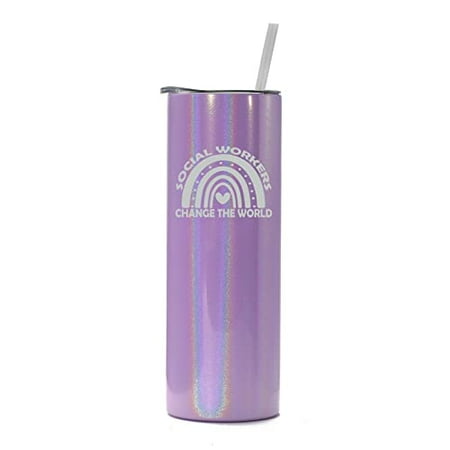 

20 oz Skinny Tall Tumbler Stainless Steel Vacuum Insulated Travel Mug Cup With Straw Social Workers Change The World Rainbow (Purple Iridescent Glitter)