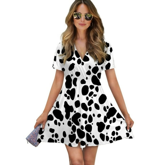 Dalmatian Print Women Dress V-Neck Short Sleeve Flowy Swing Party Midi Dress