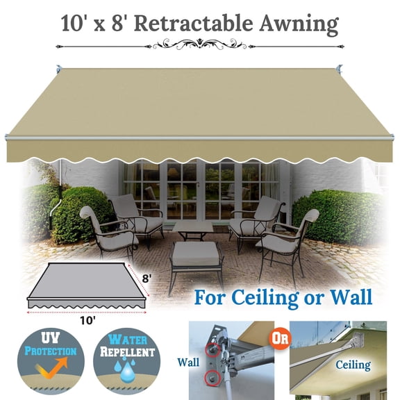 SUNNYOUTDOOR 10x8 FT Patio Awning Retractable Outdoor Sun Shade Manual Patio Deck Awning Heavy Duty Awning (Beige)
