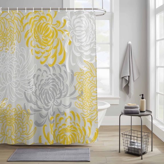 Bathroom Shower Curtain Yellow Grey Chrysanthemum on Vintage Waterproof Shower Curtains with Hooks, Summer Flower Bath Curtains Bathtub Curtain Home Decor 36x72in