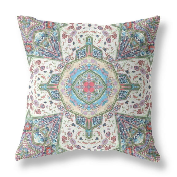 Amrita Sen Buddha Flower Ceremony Broadcloth Indoor Outdoor Blown and Closed Pillow Green Cream Pink