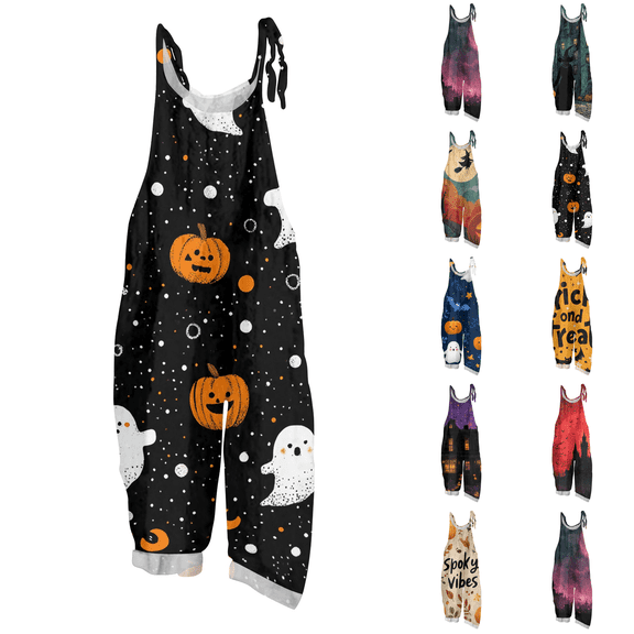 Halloween Jumpsuits for Women One Piece Sleeveless Floral Print Linen Rompers Pants with Pocket Baggy Overalls