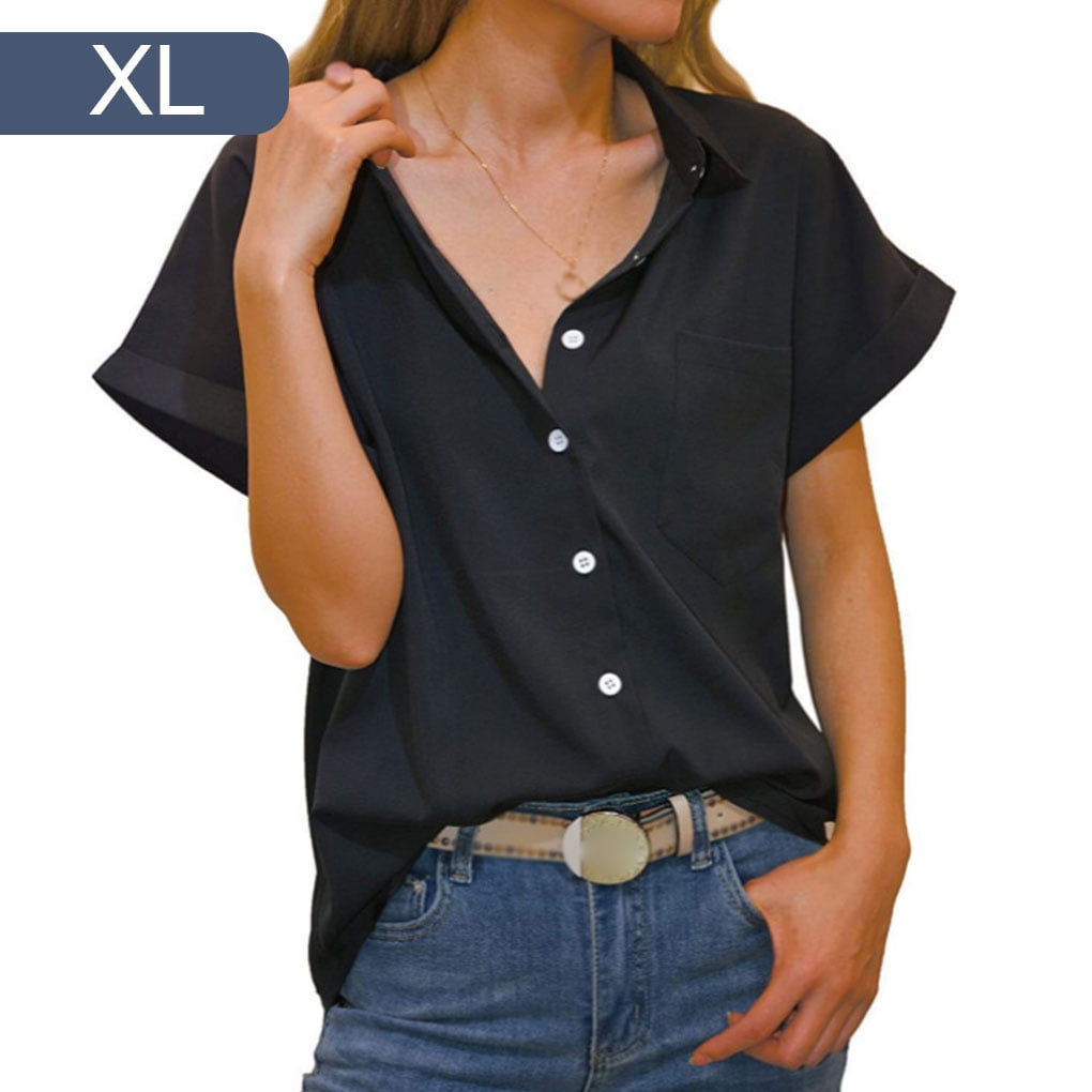 Casual Women Shirt Short Sleeve Solid Color Blouse Sexy Date Clothing Party with Beach Vacation Banquet Elegant Summer Top Aesthetic Clothing Black XL