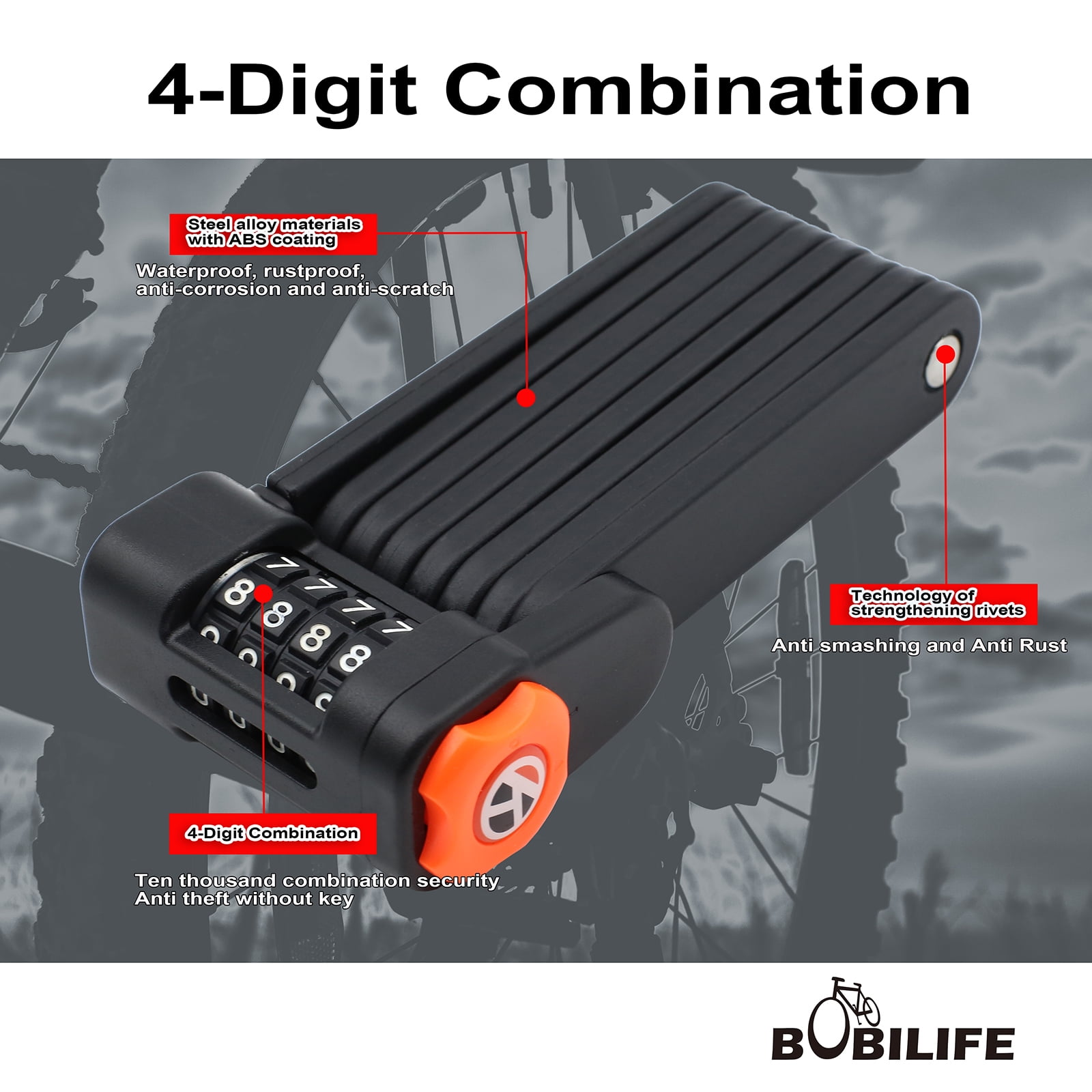 Foldable Bike Lock with Mount Bracket, 4-Digit Combination Anti Theft Heavy Duty Alloy Steel Anti-Scratch Bicycle Lock, Waterproof Anti-Rust Folding Bike Chain Lock for Bike Bicycle Ebike and Scooter