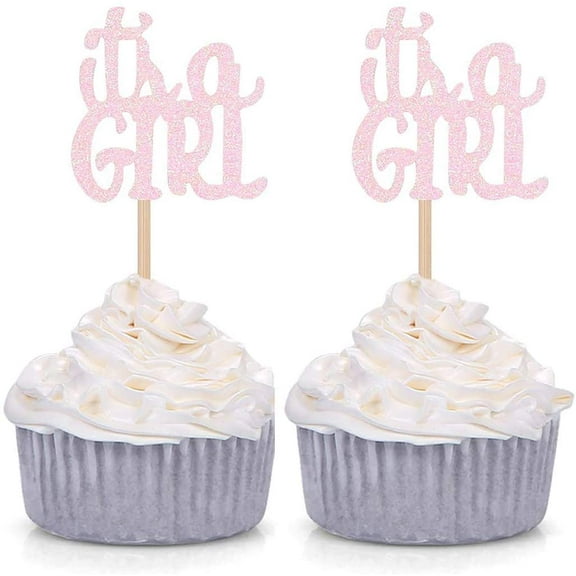 Pink Glitter It's a Girl Cupcake Toppers Gender Reveal Party Baby Shower Decorations Picks - 12pcs
