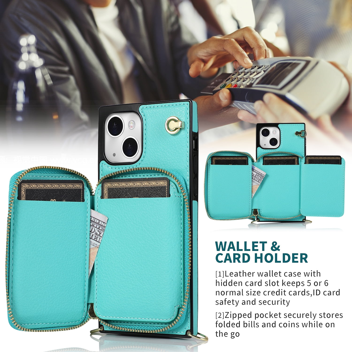 TECH CIRCLE For iPhone 12 Mini Wallet Case,Card Holder Phone Case for Women, Zipper PU Leather Purse Kickstand Folio Flip Case with Crossbody Strap for Apple iPhone 12 mini 5.4" 2020,Mint