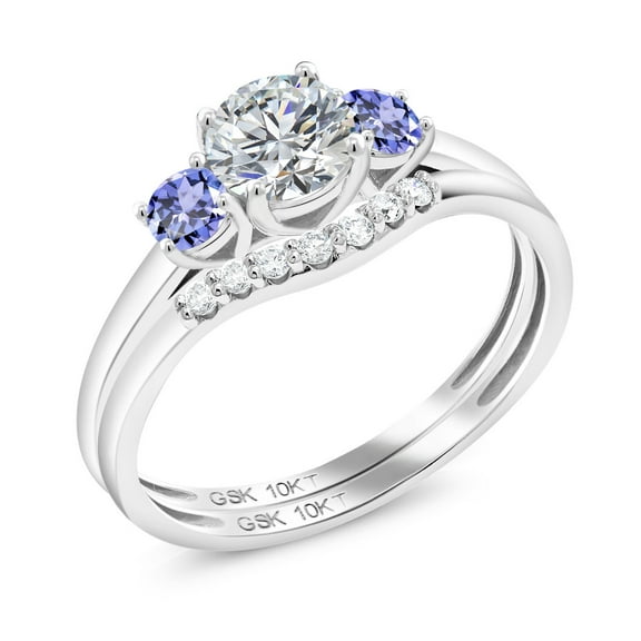 Gem Stone King 10K White Gold Lab Grown Diamond and Blue Tanzanite Bridal-Sets Ring for Women | 0.86 Cttw | Round 5MM | Gemstone April Birthstone | Size 9
