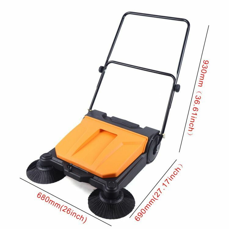 26" Black+Orange Manual Hand Push Sweeper Moder Hand Push Floor Sweeper for Garages Courtyards Offices