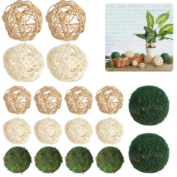 18 PCS Decorative Mossy Balls, Rattan Ball and Mossy Ball Set, Green Moss Decorative Balls, Vase Filler Balls, Home Decor Table Centerpiece, Natural Dried Balls for Rooms, Weddings, Parties