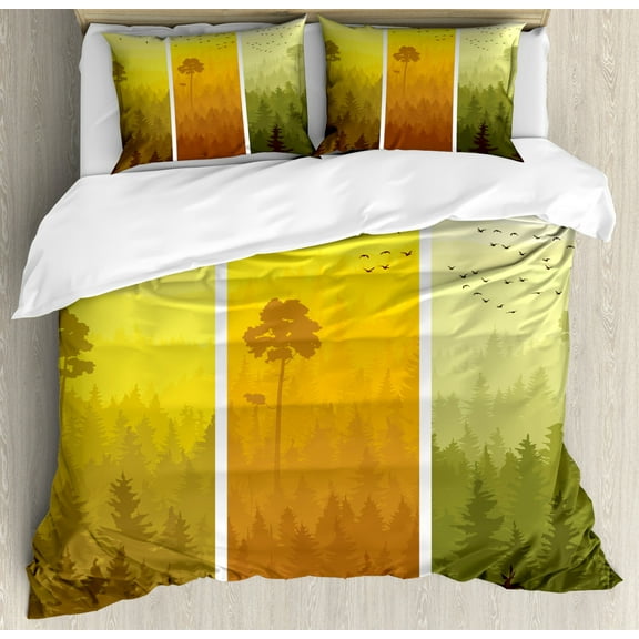 Forest Duvet Cover Set King Size, Vertical Banners with Hills Trees and Birds Views from Rural Countryside, Decorative 3 Piece Bedding Set with 2 Pillow Shams, Green Orange Yellow, by Ambesonne