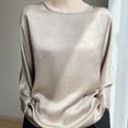 thumbnail image 4 of SSZMDLB Women Silk Satin Long Sleeve Tshirt Round Neck Flowy Casual Basic Blouse Travel Vacation Outfits Summer Tops, Beige L, 4 of 6