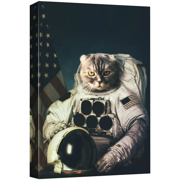 wall26 Canvas Print Wall Art Astronaut with Cat Head & American Flag Astronomy & Space Animals Digital Art Funny Chic Portrait Colorful Multicolor for Living Room, Bedroom, Office - 32"x