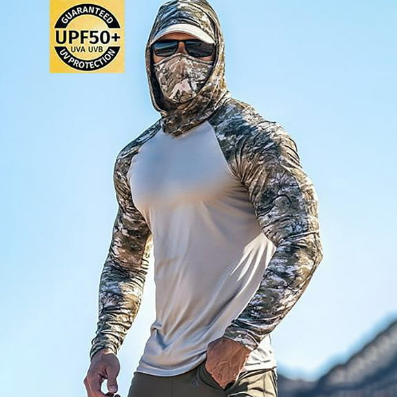Puntoco Men's UPF 50  Hooded Fishing Shirts Long Sleeve Sun Protection Hoodie, Hiking Running Swimming Rash Guard with Mask Camouflage XL(XL)