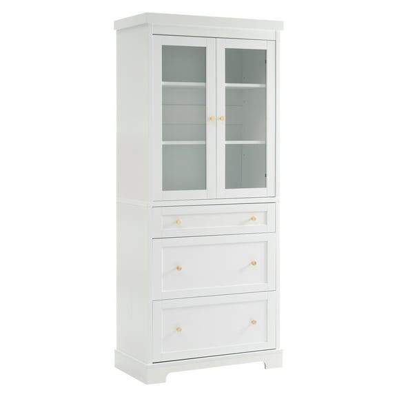 70.1" Modern High Freestanding Bathroom Cabinet with Glass Doors, 3 Drawers for Clutter-Free Storage Solutions