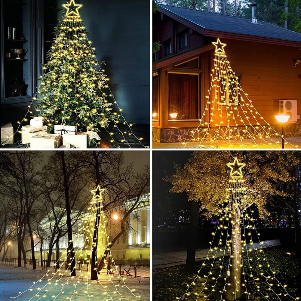 LED Star Waterfall Solar Light Christmas Tree 11ft 350 LED Fairy String Lights with Remote Control Outdoor Waterproof Holiday Decoration Solar Powered Christmas Tree Lights for Yard, Garden, Patio