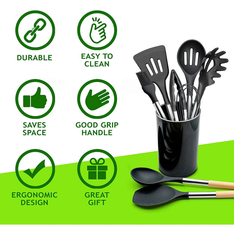 Silicone Kitchenware Utensils Set Heat Resistant Non-Stick Spatula Wooden  Handle Cooking Utensils Baking Tools With Storage Box