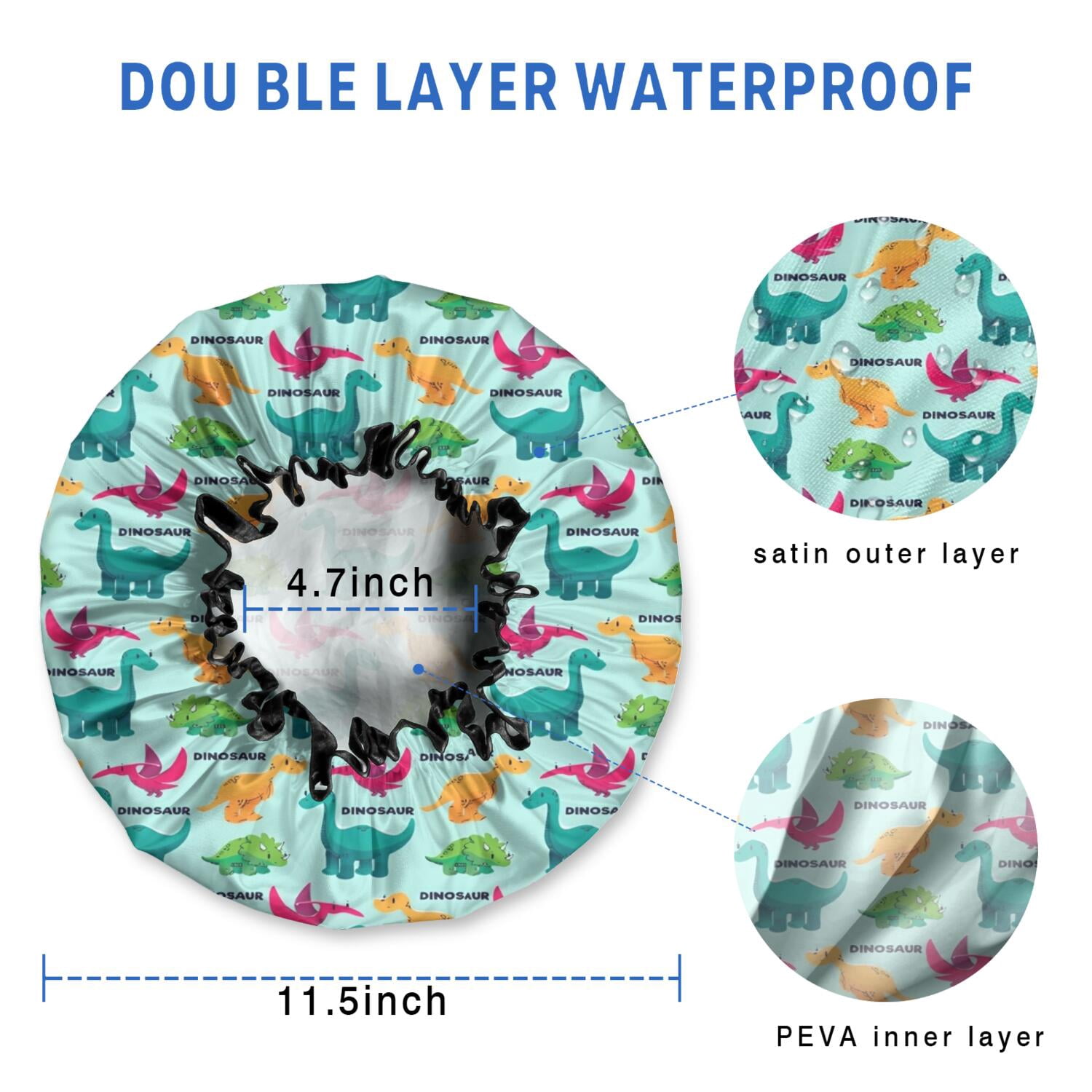 Shower Caps,Colorful Dinosaurs DINO Pattern Waterproof Shower Cap for Women 4 Pieces,Double Reusable Hair Cover for Shower PEVA Elastic Stretch Hem