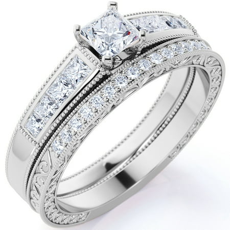 JeenMata Vintage 1.75 ct - Princess Cut Moissanite - Channel Set Band - Edwardian Engagement Ring - Bridal Set in 18K White Gold over Silver