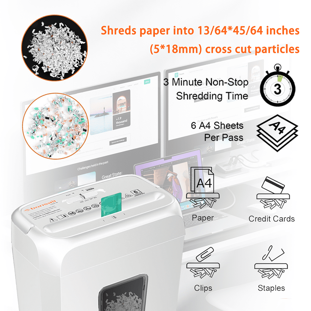 Bonsaii Crosscut Paper Shredder, 6-Sheet Capacity, P-4 Security Level, 3.4-Gallon Bin, Shreds Staples and Credit Cards, White