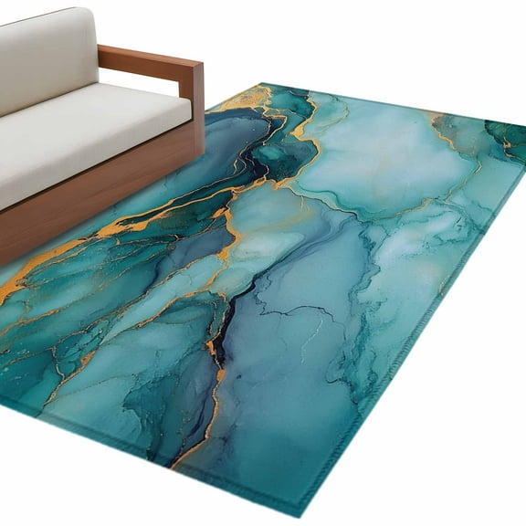 Teal Marble Area Rug 3x5 FT, Non Slip Entryway Bedside Carpet, Modern Abstract Art Luxury Yellow Washable Soft Floor Carpet Indoor Mat Non-Shedding Throw Rug for Dorm Kitchen Home Office