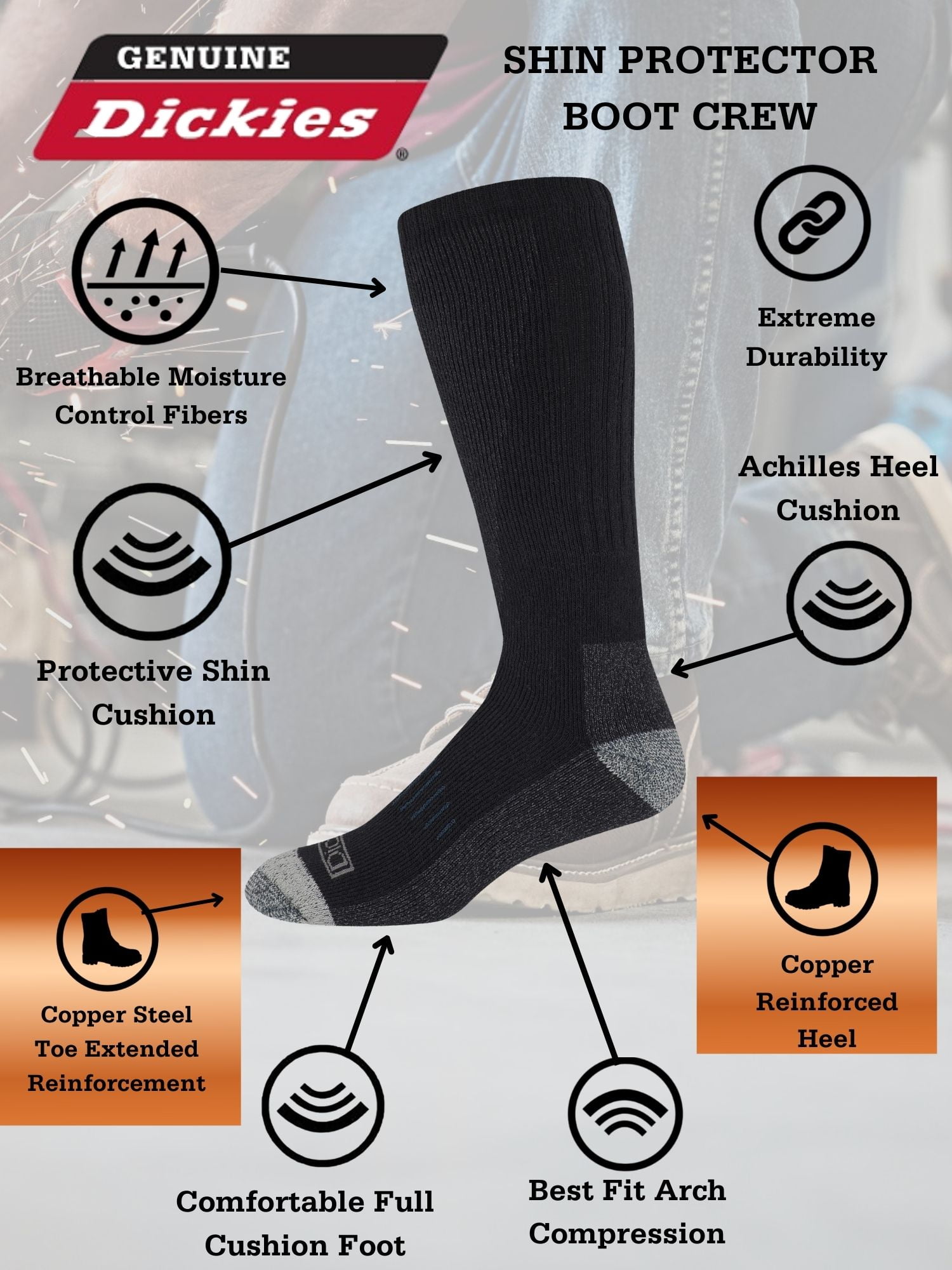 Dickies Men's Shin Protector Boot Crew Sock, 3 Pack Black Size 6-12
