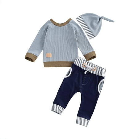 

Bagilaanoe 3pcs Newborn Baby Boy Long Pants Set Long Sleeve Pullover Tops + Striped Trousers + Hat 6M 12M 18M 24M Infant Casual Outfits