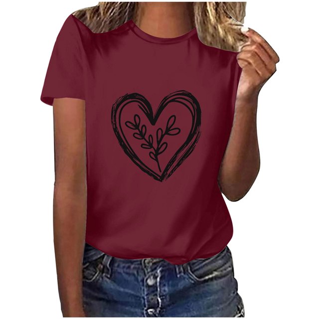 Diufon Hauts de la Saint-Valentin pour Femmes, Tunique Décontractée à Manches Courtes, Chandail à Col Rond, Blouse Tendance Mignonne à Imprimé Graphique