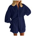 thumbnail image 2 of Short Sets for Women Textured Long Puff Sleeve Button Collared Shirt and Shorts 2 Piece Matching Set Beach Vacation Sets, 2 of 6