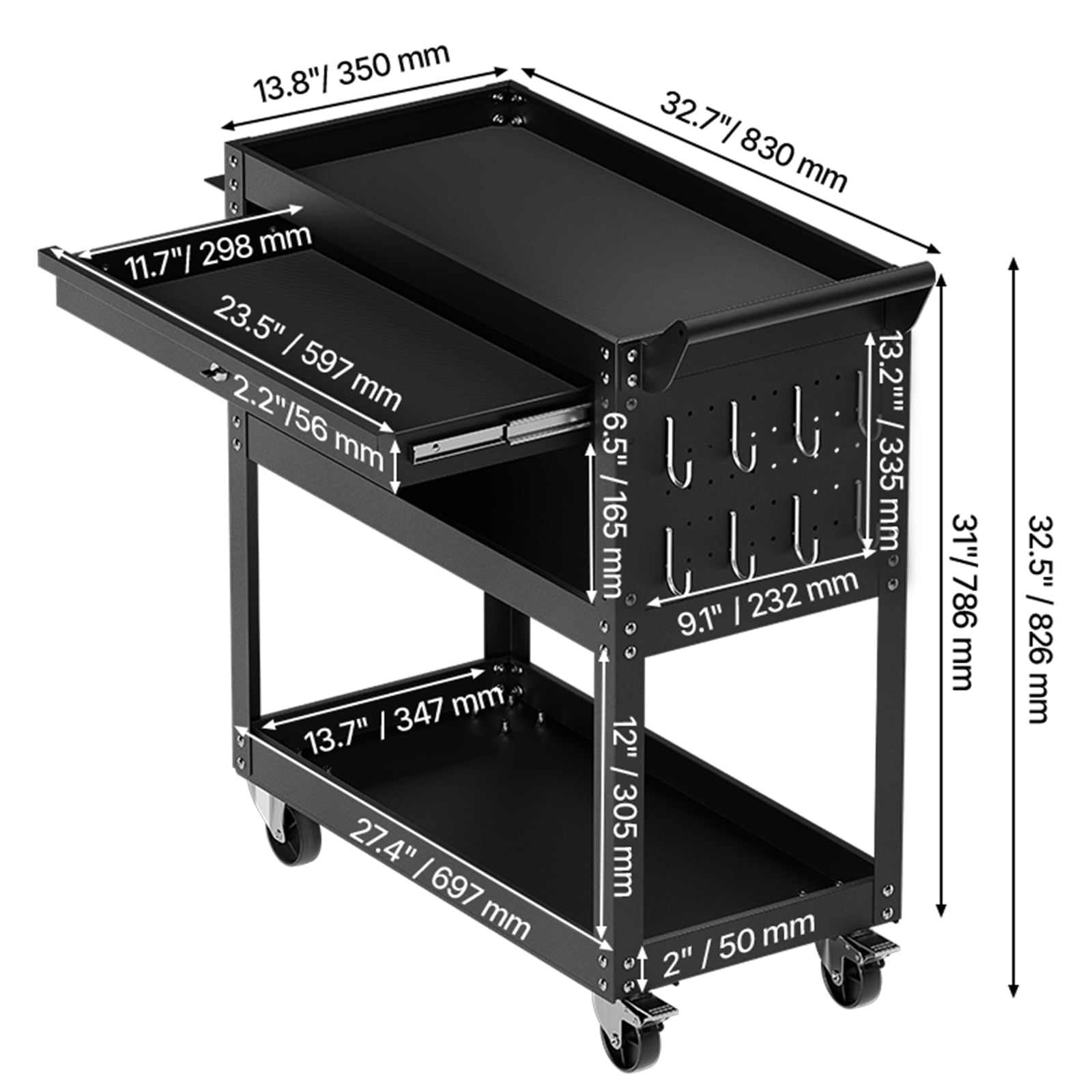 VEVOR 4-Tier Tool Cart with Wheels, 350 lbs Load Capacity, Rolling Work Cart with Drawer & Pegboard, Mechanic Tool Storage Organizer with Locking System for Garage, Warehouse and Repair Shop, Black