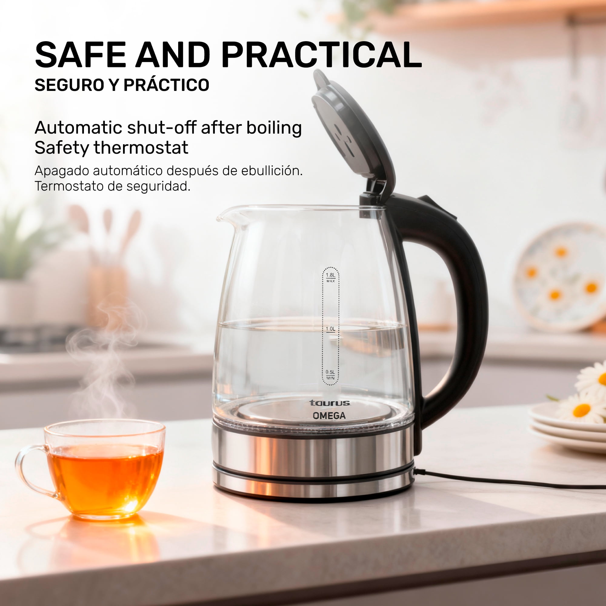 Taurus 1.8L Cordless Glass Electric Kettle with Borosilicate Body, 360° Swivel Base, Fast Boil, Auto Shut-Off – BPA-Free, for Tea, Coffee & Instant Meals