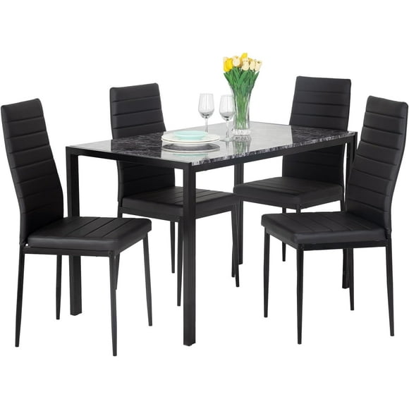 FDW Dining Table and Chairs Set, Modern Rectangular Marble Table top with 4 Chairs PU Leather for Dining Room and Kitchen, Black Marble