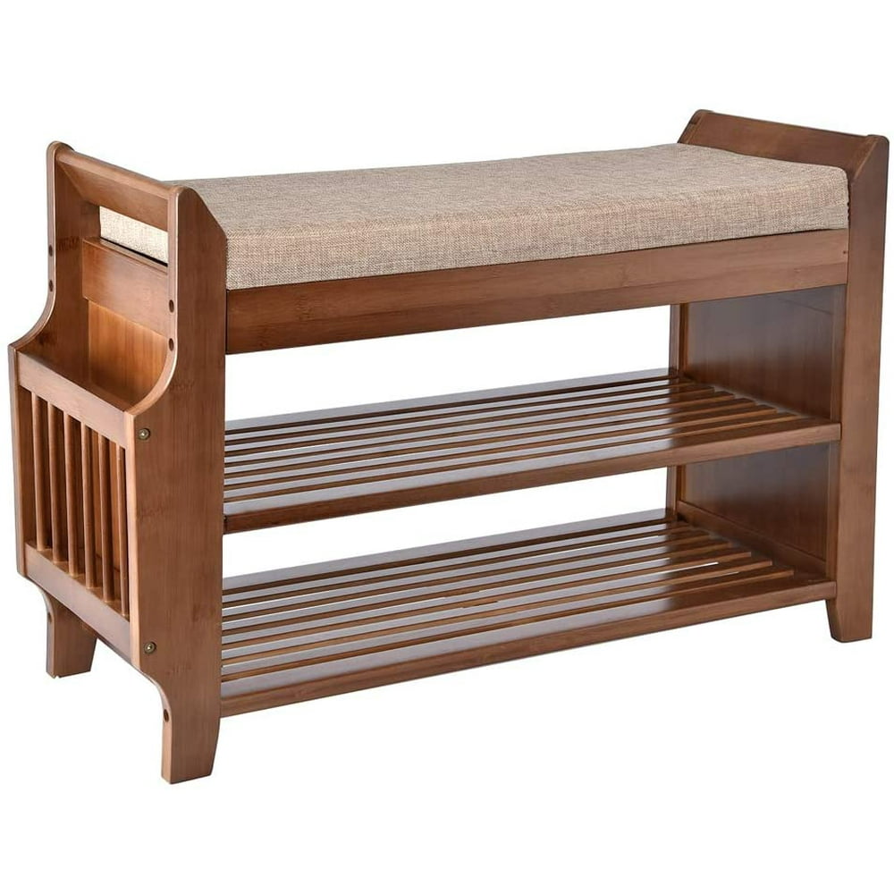 ELECWISH Bamboo Shoe Rack Bench with Removable Cushion, 2 Tier Entryway