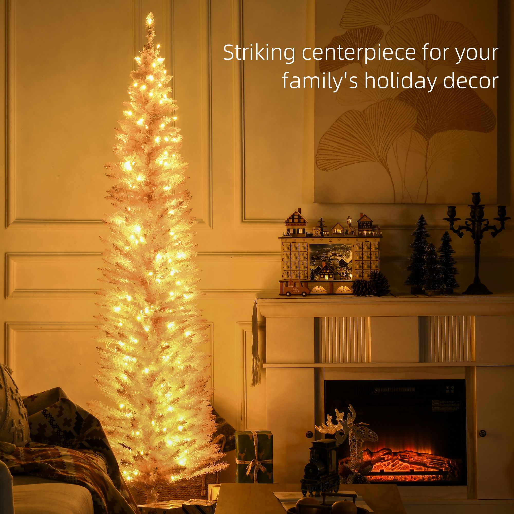 7 ft Pencil Christmas Tree, Slim Artificial Christmas Tree with Warm White LED Lights, 499 Tips, 200 Lights, Indoor Holiday Decor for Small Spaces