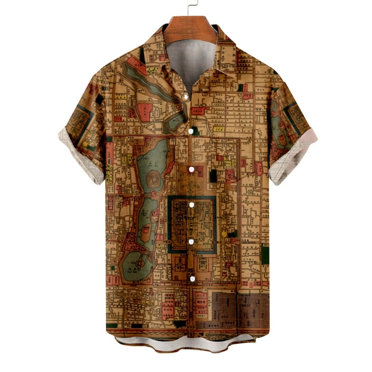 Dovford Beach Button Up Shirts for Men's Short Sleeve Shirts 1950s Retro Rockability Syle Retro Vintage Map Printed Aloha Shirt, Size: Small, Blue