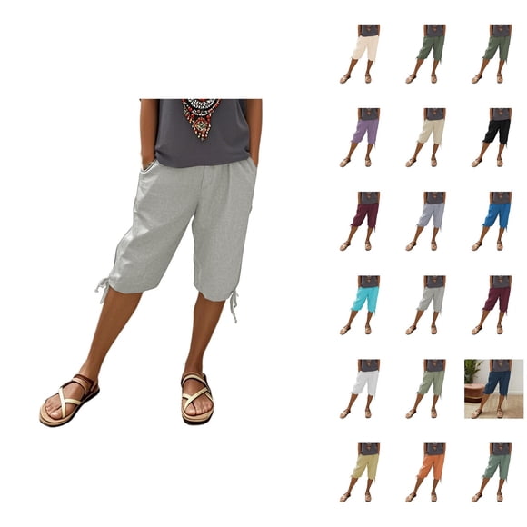 Womens Bermuda Shorts Cotton Linen Elastic Waistband Pockets Lightweight Knee Length Bermuda Long Shorts for Women