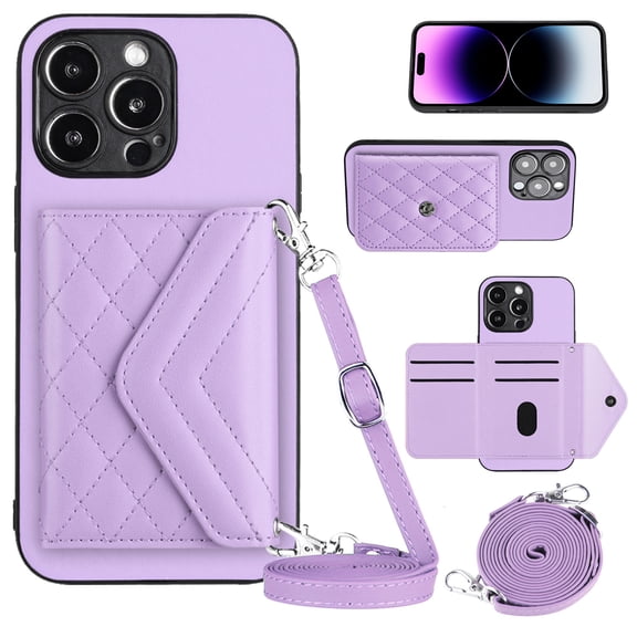 Envelope Design for iPhone 14 Pro Case RFID Blocking Wallet Card Holder Leather PU Flip Cover Folio Lanyard Crossbody Strap Women Girl Magnetic Clasp Kickstand For iPhone 14 Pro, Purple