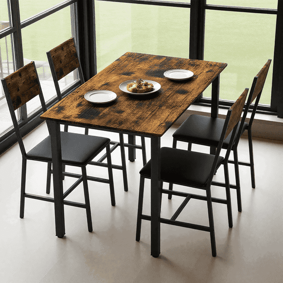 Resenkos Modern Dining Set for 4, Metal & Wood Table & Chairs, 47.24"x26.77"x29.72", Dark Walnut
